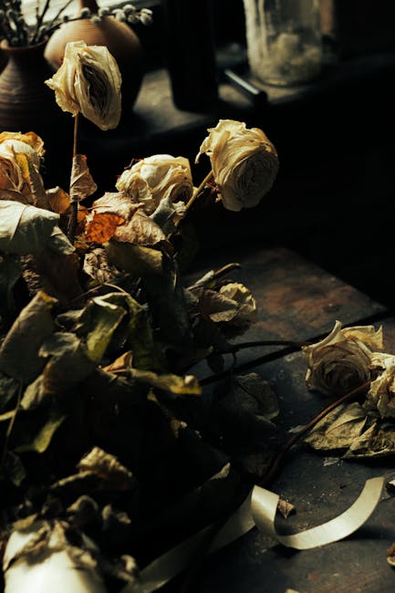A collection of wilted roses with pale cream and dusty pink petals, some with brown edges, rests on a dark wooden surface near a window. The flowers are in various stages of decay, with crumpled, drie